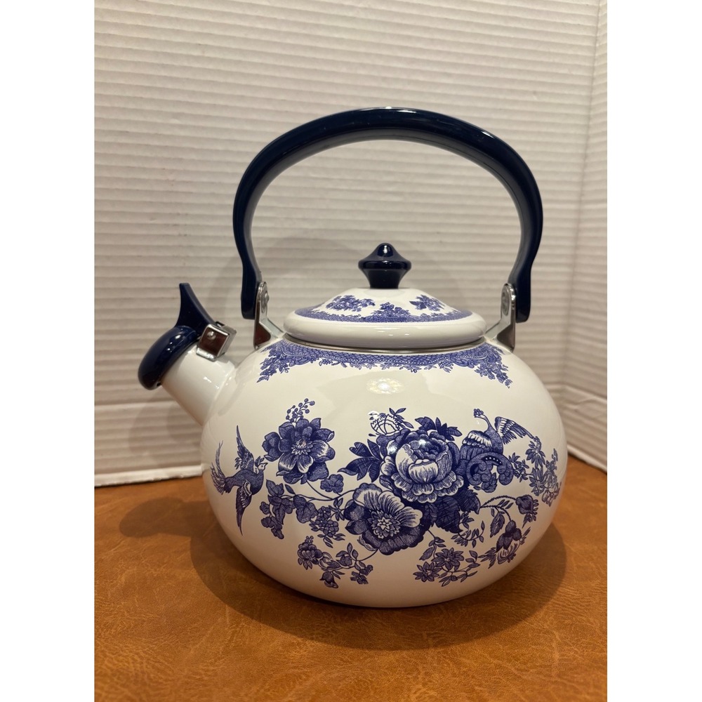 Blue and White Floral Enamel Whistling Tea Kettle Bird Chinoiserie Farmhouse